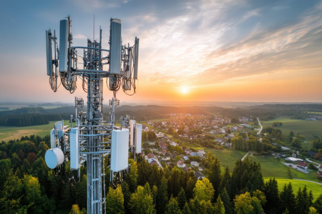 A 5G cell tower in a rural landscape providing fast internet access. The tower stands tall against the clear blue sky, surrounded by green fields and trees.